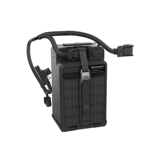 Segway Xyber eMOTO replacement battery, rectangular black battery pack with connector, displayed on a white background.