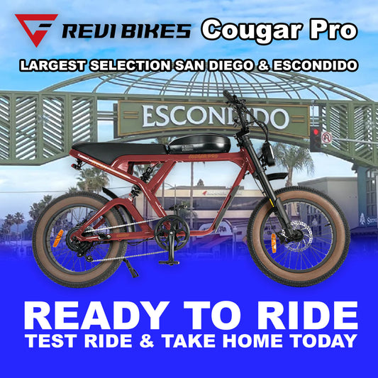 Red eMOTO eBike Revi Cougar Pro, side view, ready to ride, product image with model number 810206242339