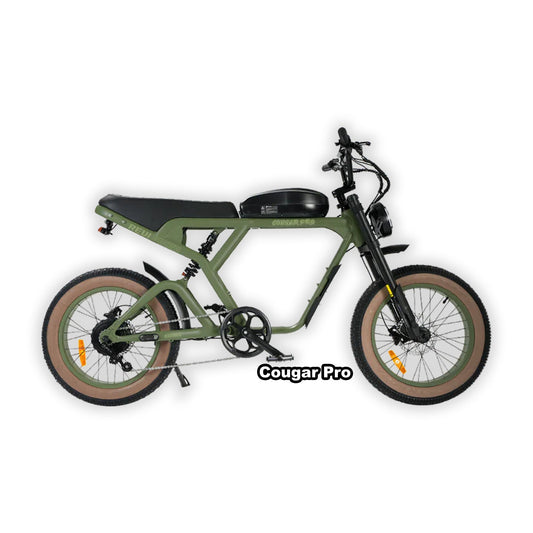 eMOTO eBike Revi Cougar Pro in Wild Green color, shown in its box with packaging, product image labeled "In Box Green 1"