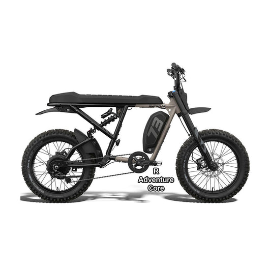 Super73 R Adventure Core eMOTO eBike in Sandstorm color, shown packaged inside its shipping box