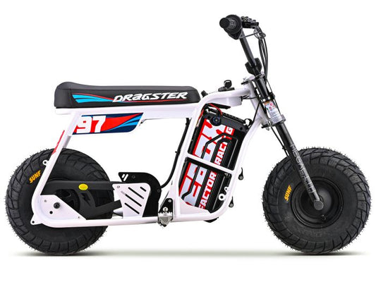White eMOTO EBOX Dragster electric dirt bike, side view, on a plain background.