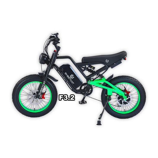eMOTO GHOSTCAT F3.2 electric bike in neon green, displayed in its box, product image, model number 810206240670