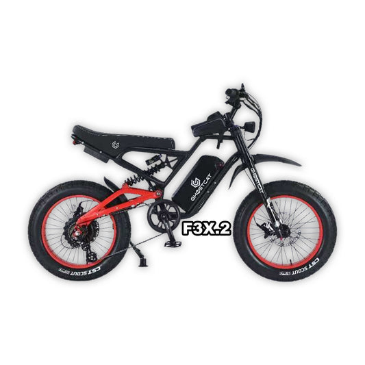 eMOTO GHOSTCAT F3X.2 Pro electric bike in red, shown in its box with packaging, product image labeled "In Box Red 4"