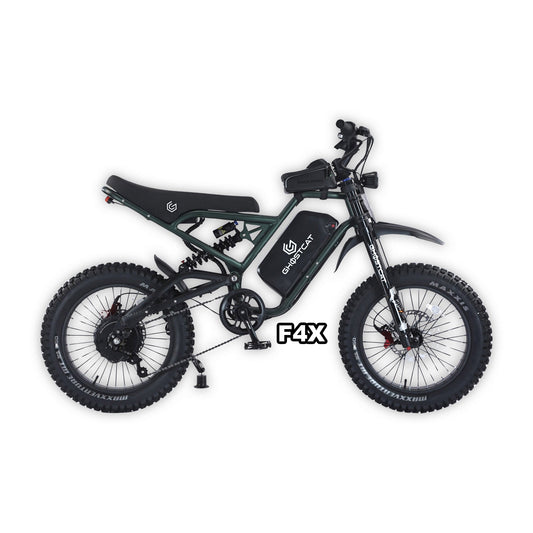 eMOTO GHOSTCAT F4X Pro electric bike in Army Green, shown in box, product image, model number 810206240762
