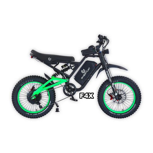 eMOTO GHOSTCAT F4X Pro electric bike in neon green, displayed in its box with product packaging, model number 810206240809