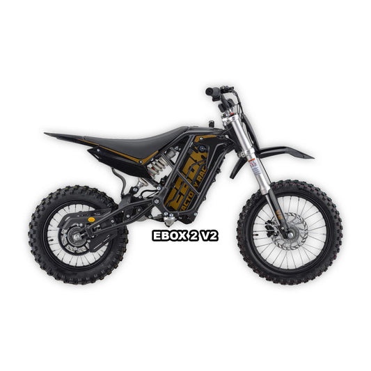eMOTO Stomp EBOX 2.0 V2 electric bike in black, shown in its box with product packaging, model number 810206240403