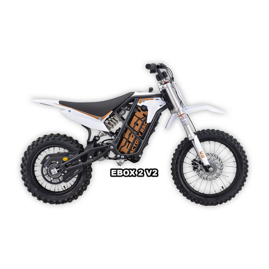 eMOTO Stomp Ebox 2.0 V2 electric bike in white, shown in its box with packaging, product image, model number 810206240342