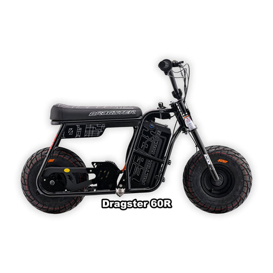 Black eMOTO Stomp Ebox Dragster 60 R electric bike in its box, product image showing packaging and bike.