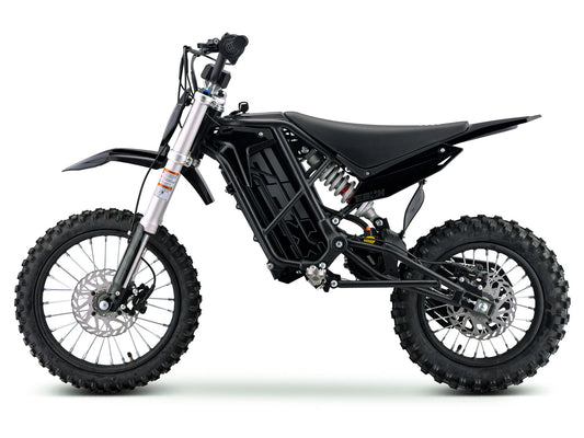 Side view of the eMOTO Stomp Ebox V3 60 electric dirt bike, showcasing its frame, wheels, and suspension system.