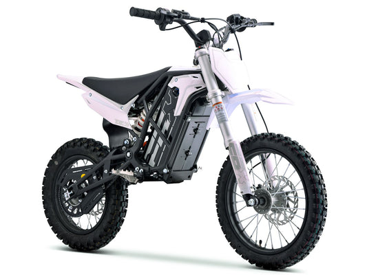 White eMOTO Stomp Ebox V3 60 electric dirt bike, side view, on a plain white background