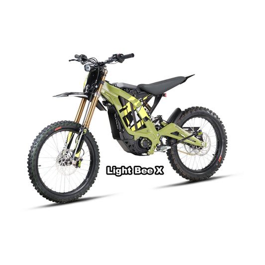 Surron Light Bee X electric bike in green, shown in its box