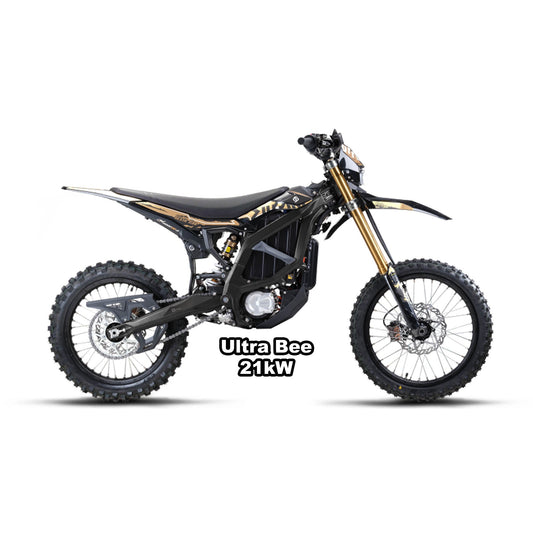 Black eMOTO Surron Ultra Bee 21kW electric motorcycle in box, product image, side view