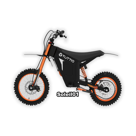 eMOTO Tuttio Soleil 01 electric scooter in black and orange, shown inside its box with orange accents visible