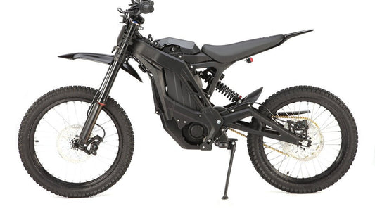 eMOTO eRide Pro SS 3.0 electric dirt bike in black and red, side view, showing 72v 6000W motor and off-road tires