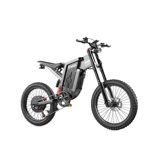 Side view of the eMOTO Freego X2 Dirt Master electric dirt bike, showcasing its rugged tires, sturdy frame, and sporty design against a plain background.