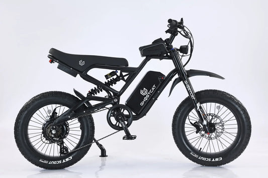 eMOTO Ghostcat F3X.2 PRO electric bike in blackout color, side view, showcasing sleek frame and modern design