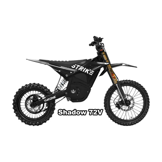 eMOTO Strike Shadow SV2 72V electric motorcycle in black, displayed in its original packaging box