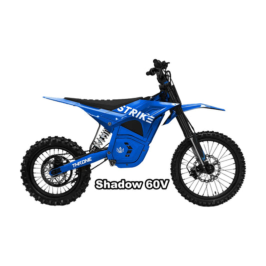 Blue eMOTO Strike Shadow SX 60V electric bike in its packaging box, front view