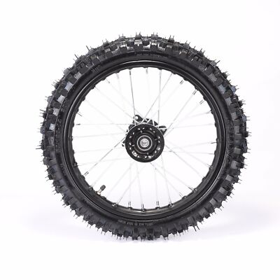 14-inch eMOTO wheel assembly with 60/100-14 knobby tire, rim, inner tube, and brake rotor, product image 1