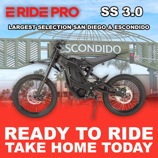 Black ERidePro SS3 eMOTO electric motorcycle, side view, sleek design, rugged tires, modern frame, suitable for off-road and urban riding.