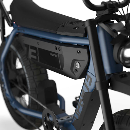 Side view of the eMOTO eBike Super73 M1D electric bicycle, displayed in a showroom, available for in-store pickup only.