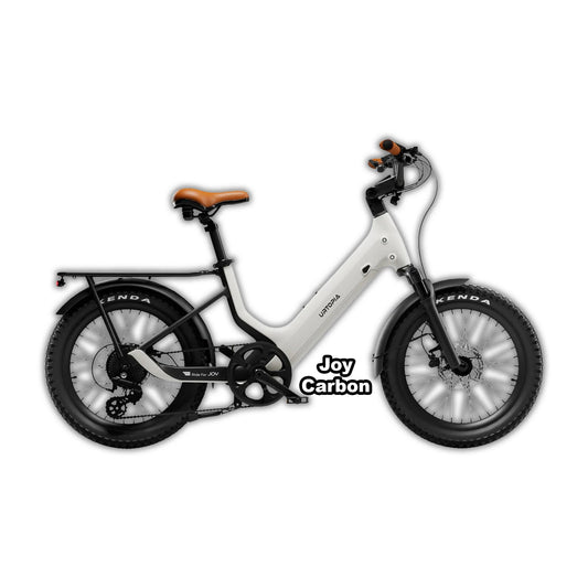 Urtopia Joy eBike in creme color, shown inside its original packaging box