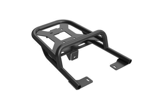 Black metal rear rack mounted on the back of a Raev Bullet eBike, designed for carrying cargo.