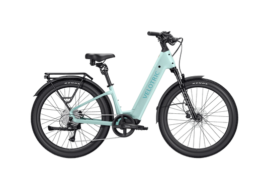 Velotric Discover 3 eBike in mint color, regular size, shown in its box with packaging materials