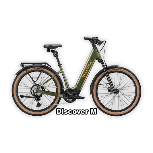 Velotric Discover M eBike in Olivine Green, regular size, shown in its box with packaging.