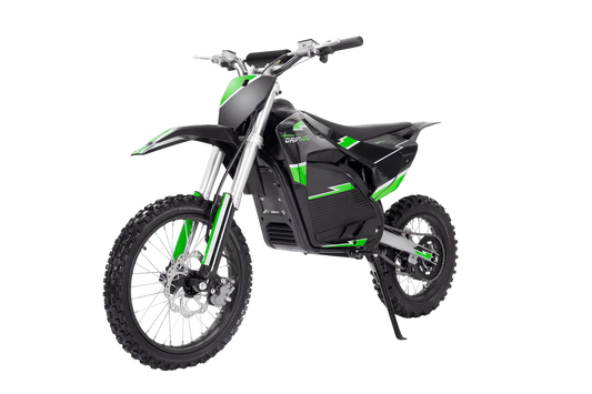 A black eMOTO eBike Drift Hero 5000w dirt bike with rugged tires, sturdy frame, and front suspension, displayed on a plain background.