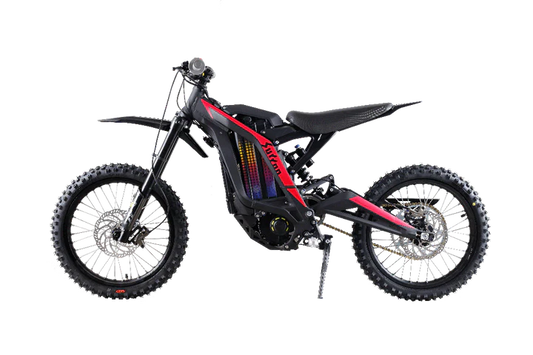 Black eMOTO Surron Light Bee S electric dirt bike, side view, on a white background