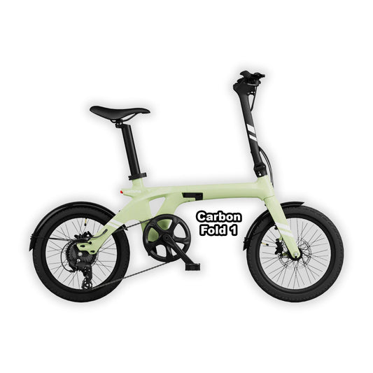 Lime green Urtopia Carbon Fold 1 eBike, folded and ready to ride, displayed against a plain background.