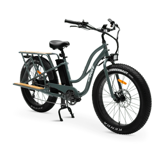 Murf Alpha Cargo fat tire electric beach cruiser e-bike, 52V 750W, shown in a shop setting