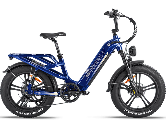Blue Freesky Rocky Pro A-320 electric bike, side view, showcasing frame design and components