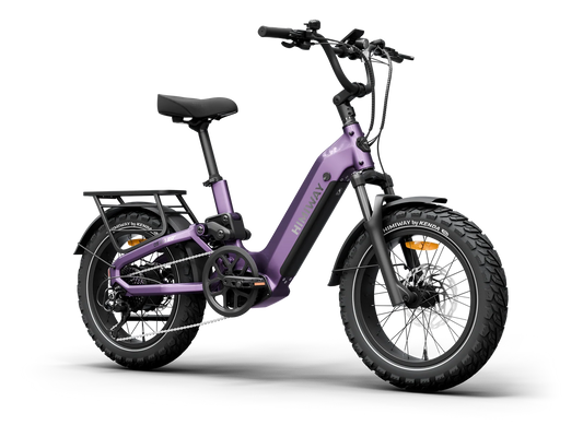 Side view of the Himiway D5 2.0 eBike in Nebula Mist color, featuring 20-inch wheels, a step-through frame, and a rear cargo rack.
