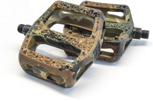 Green nylon bicycle pedal with a camouflage pattern, shown from an angled side view.