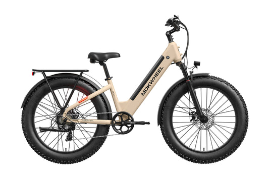 Tan Mokwheel Mesa Plus ST electric bike, side view, displayed on a white background.