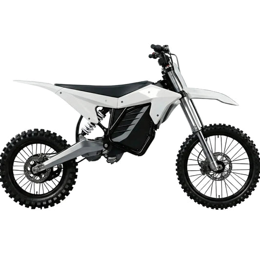 eMOTO Electro & Co ETM RTR Alpha electric motorcycle, side view, black and blue color, displayed in showroom setting