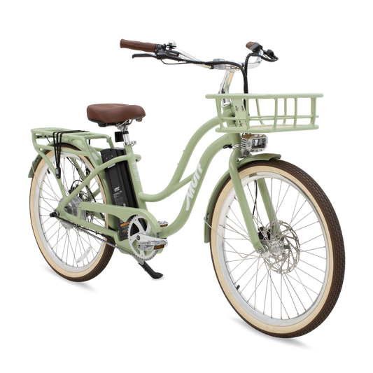 Sage green Murf Gigi eBike side view with step-through frame, wide tires, and rear rack, displayed on a white background.