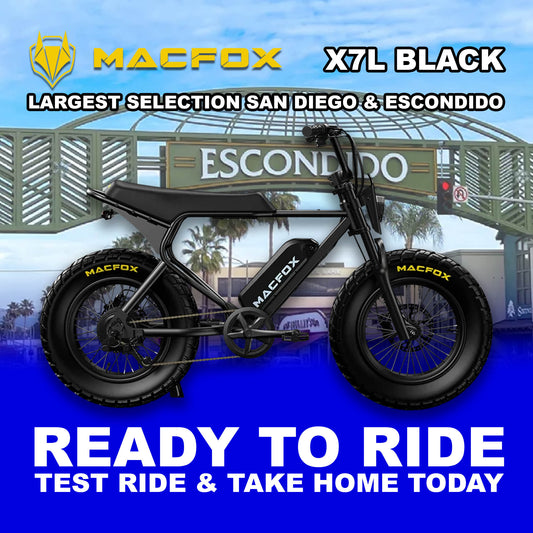 Black Macfox X7L eBike side view, showcasing its sturdy frame, thick tires, and modern design against a plain background.