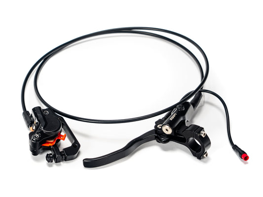 Stomp Ebox EBX rear brake system showing caliper, brake disc, and mounting hardware on a white background