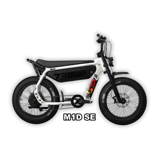 Super73 M1DSE e-bike in Baja color, displayed in its original packaging box