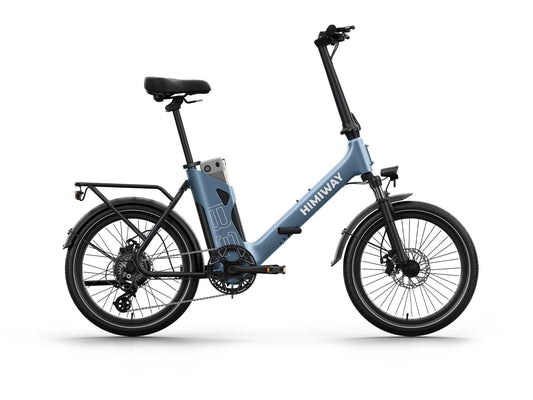 A blue Himiway B3 Indigo electric bike with a step-through frame, front basket, and rear rack, displayed on a white background.
