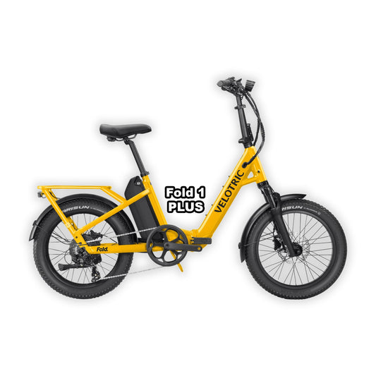 Velotric Fold 1 PLUS eBike in Mango color, folded and packed inside its box, showing the in-box product arrangement.