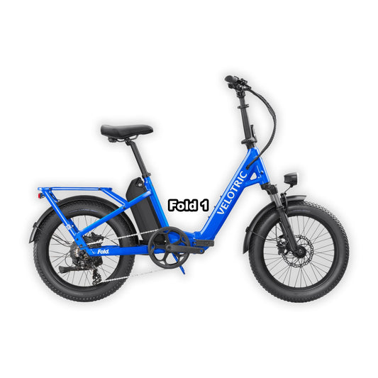 Velotric Fold 1 eBike in Electric Blue color, shown in its box, product image