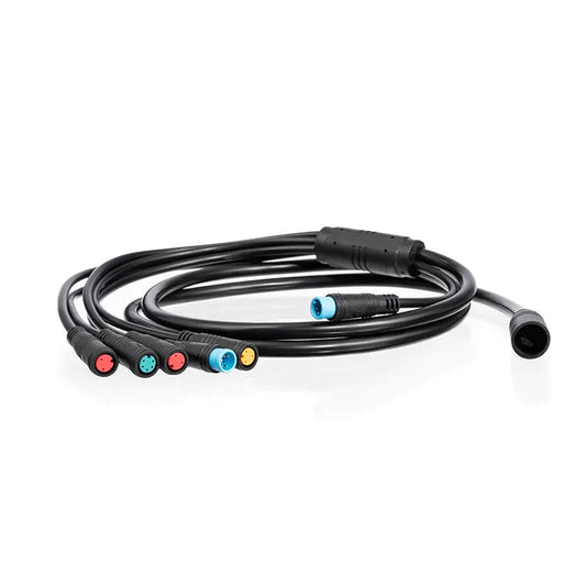 A wire harness bus cable with multiple colored wires bundled together, designed for electrical connections in automotive or industrial applications.