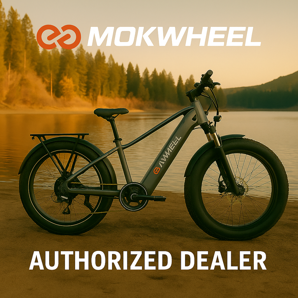 A row of Mokwheel eBikes displayed in a store, fully assembled and ready for customers to ride.
