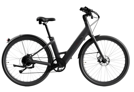 Matte black Urtopia Carbon Classic Step Thru eBike, side view, against a plain background