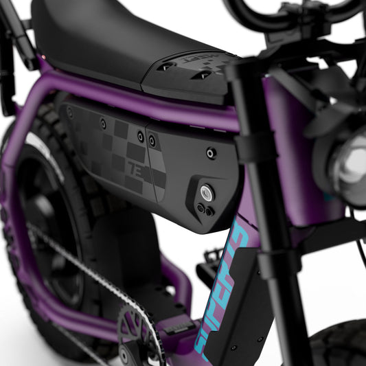 Super73 MZFT eMOTO eBike in Cullenberry color, shown inside its original packaging box
