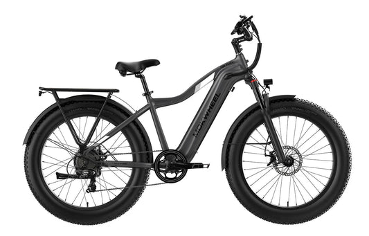 Grey MOKWHEEL Tor Plus 750W step-over electric bike with 26x4 fat tires, beach cruiser style, shown in product image.